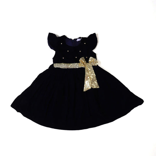 Fancy Velvet Frock For Girls - Navy Blue
