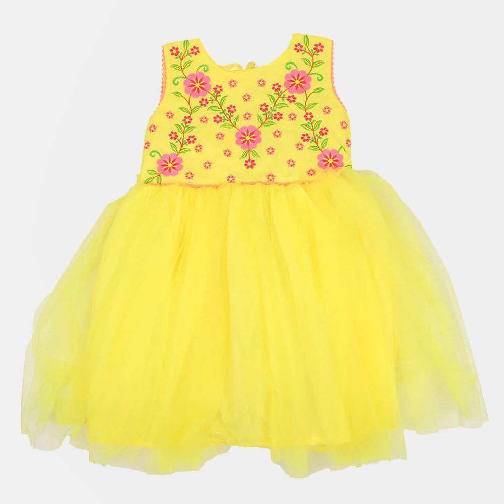 Girls Fancy Frock EMB Pompom Lace Yellow Price in Pakistan - Main Image