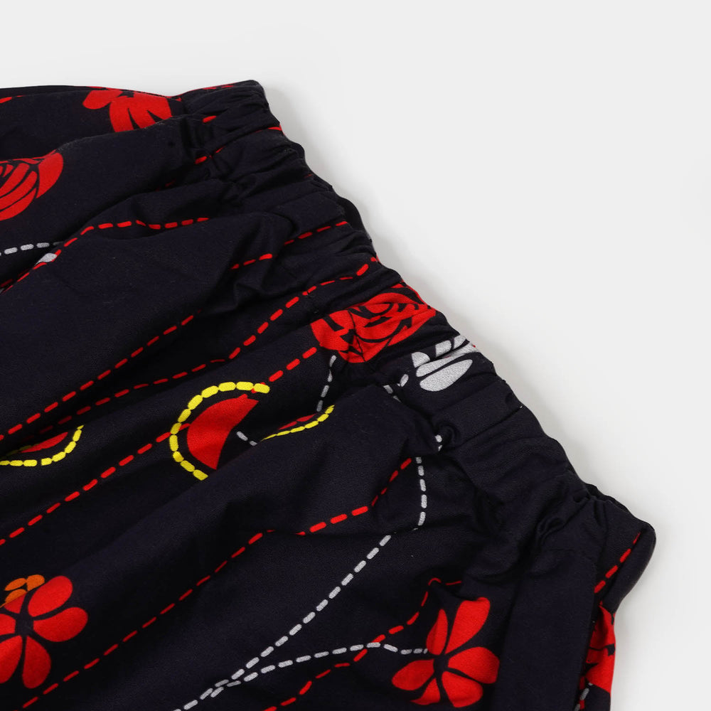 Girls Digital Print Cotton Long Skirt Leafy - Black