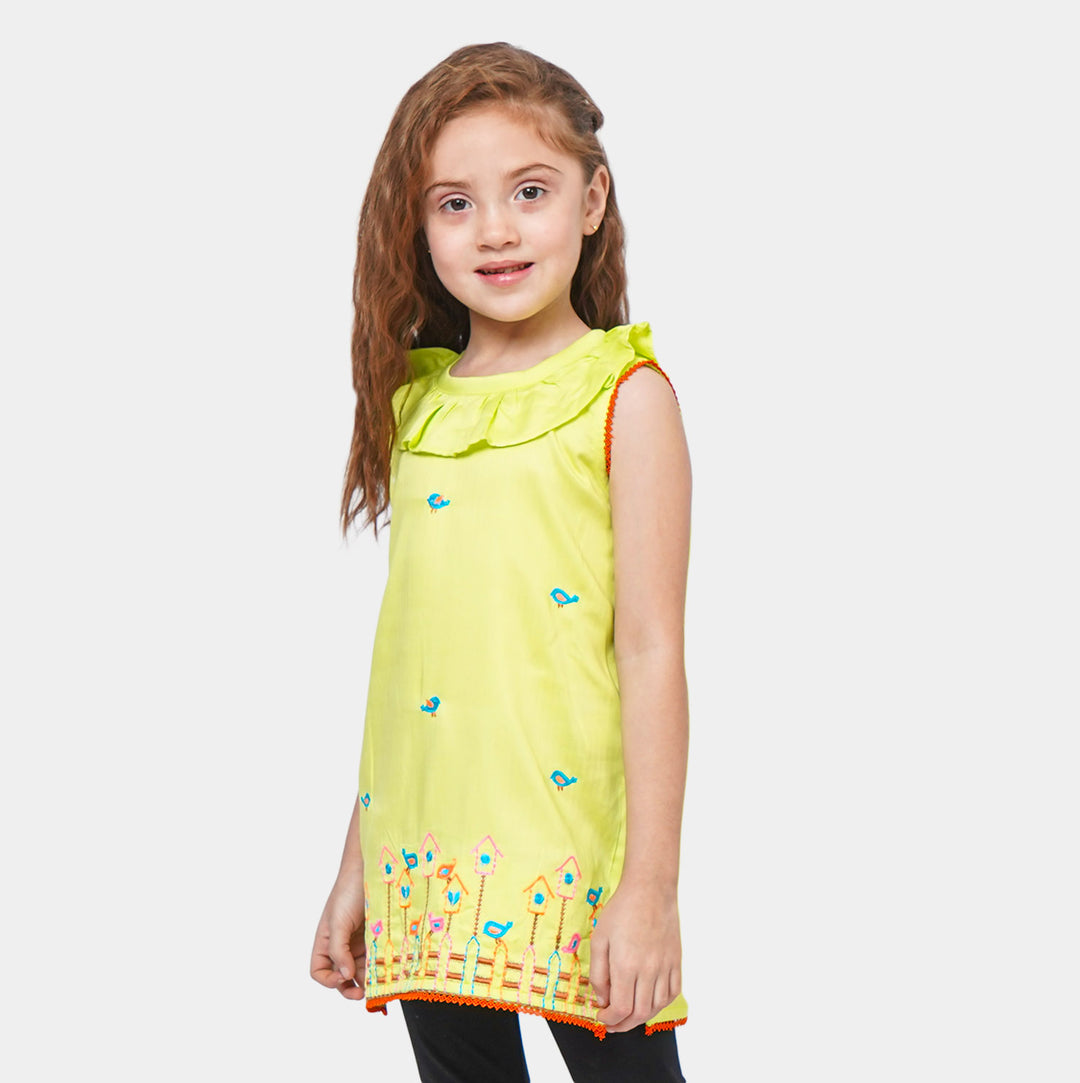 Girls Cotton Embroidered Kurti Playing Bird - Green
