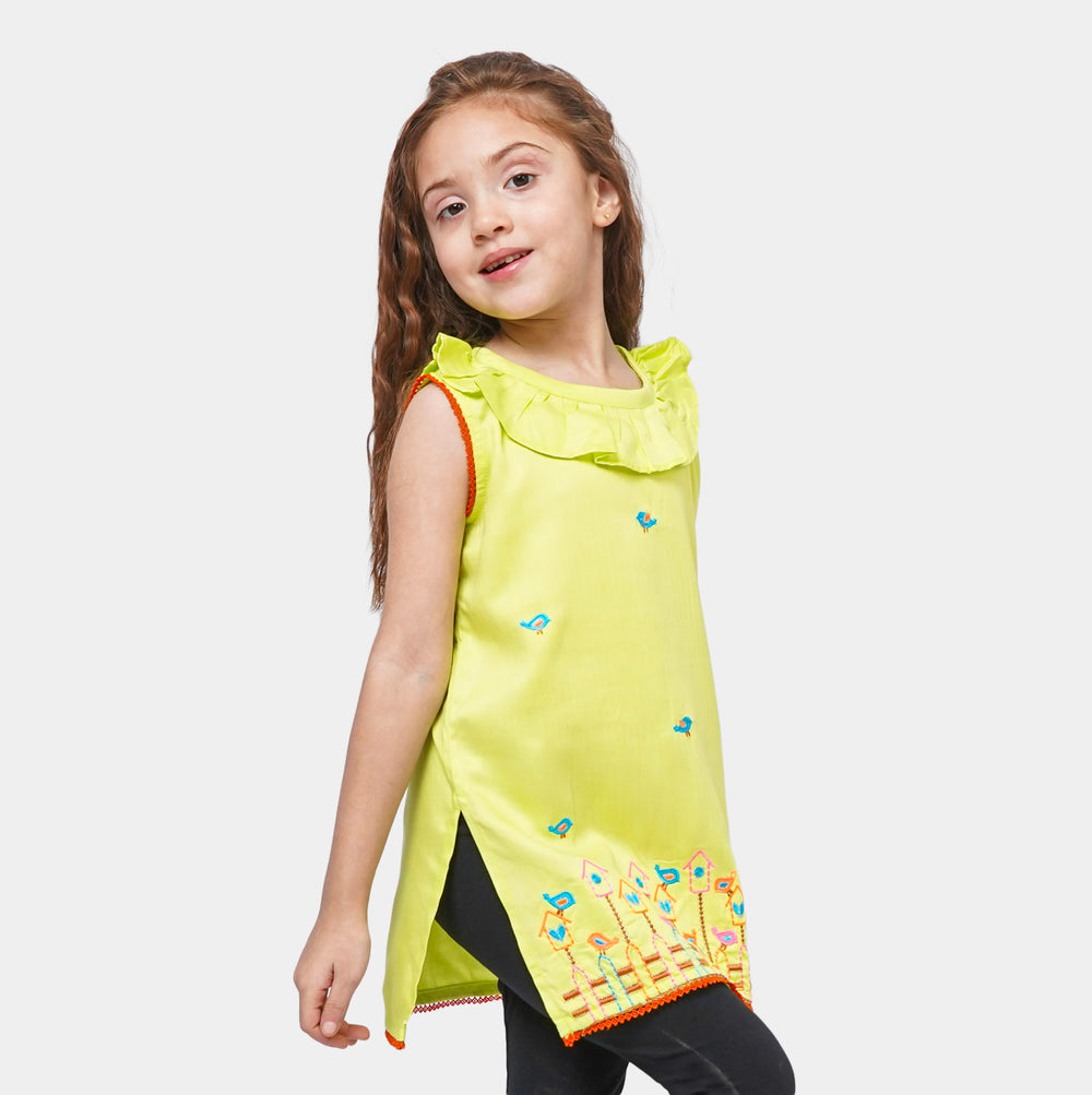 Girls Cotton Embroidered Kurti Playing Bird - Green