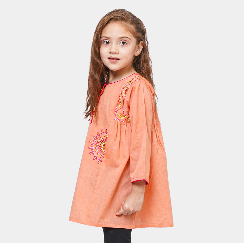 Girls Cotton Embroidered Kurti Pathani - Peach