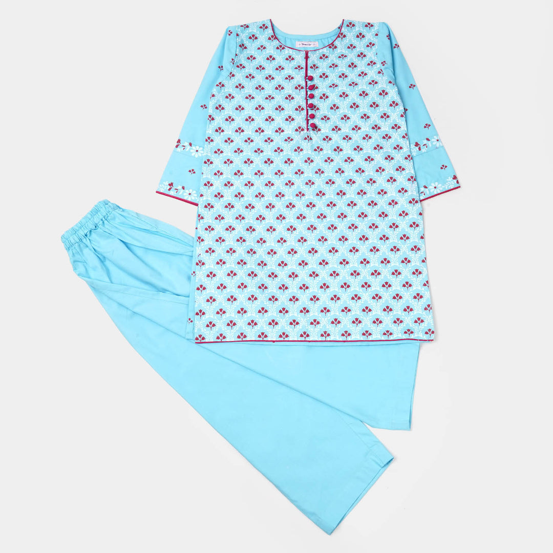 Teens Girls Cotton Flower Printed 2Pcs Suit Grace - Sky Blue
