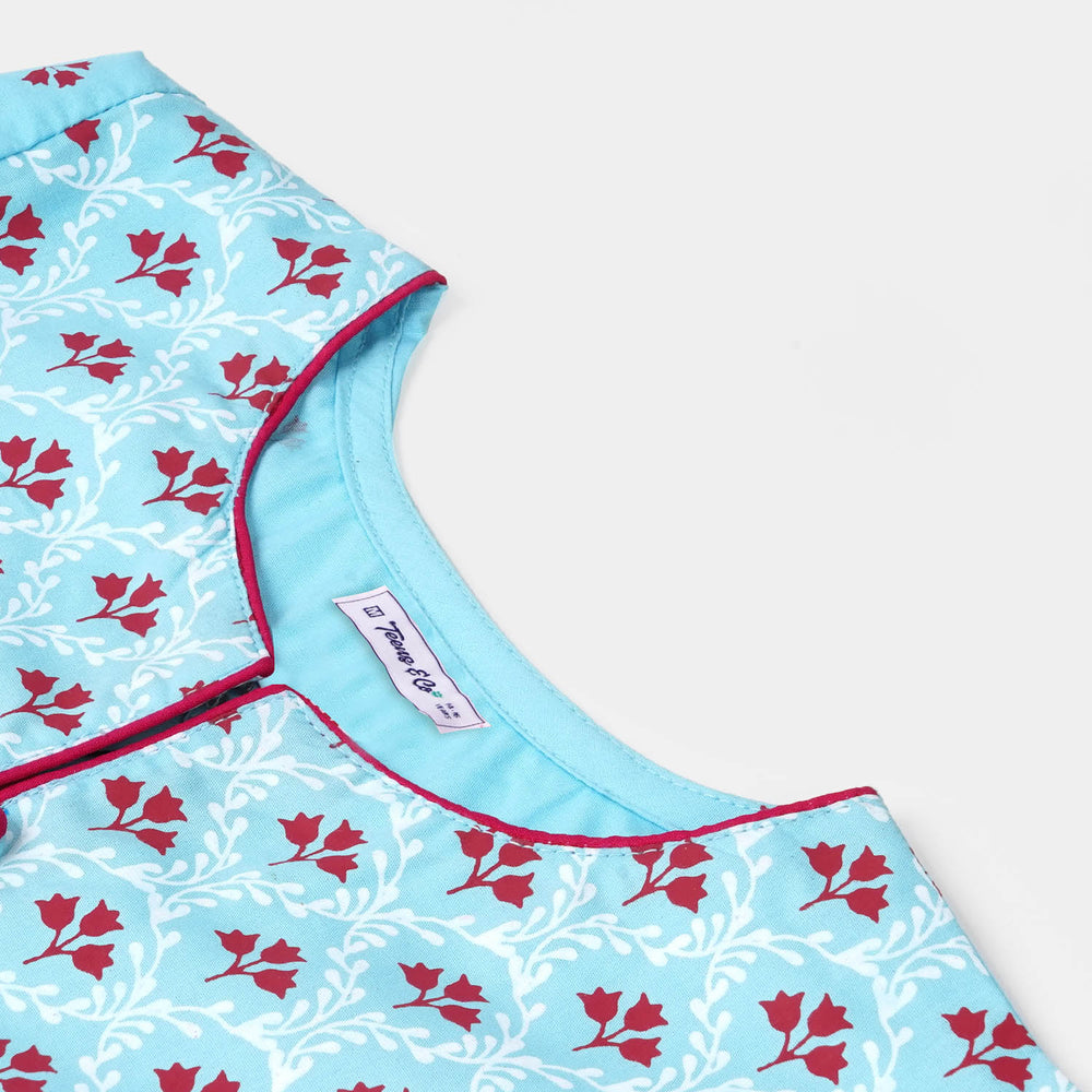 Teens Girls Cotton Flower Printed 2Pcs Suit Grace - Sky Blue