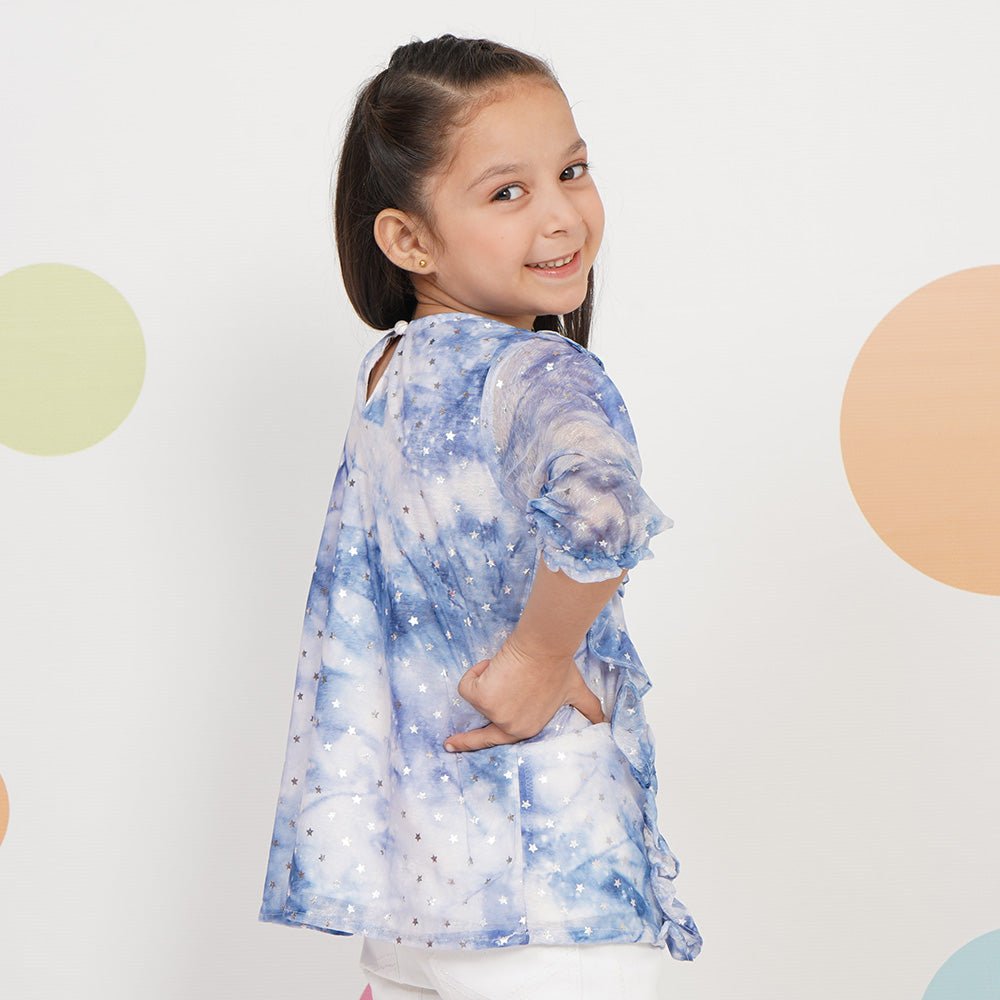 Girls Chiffon Casual Top Silver Stars - Tie & Dye