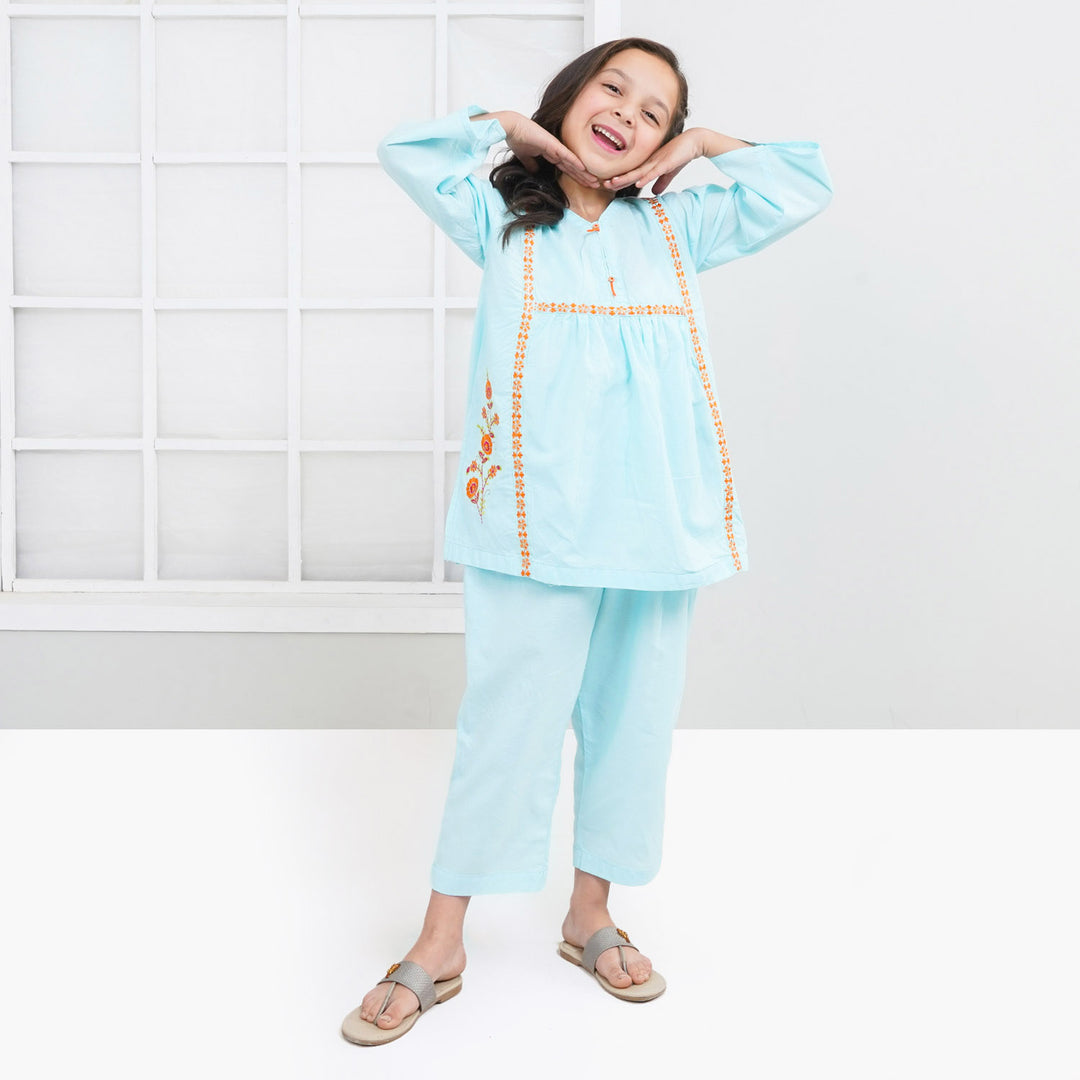 Girls Cotton 2Pcs Suit Sketch Flower - LT.Blue
