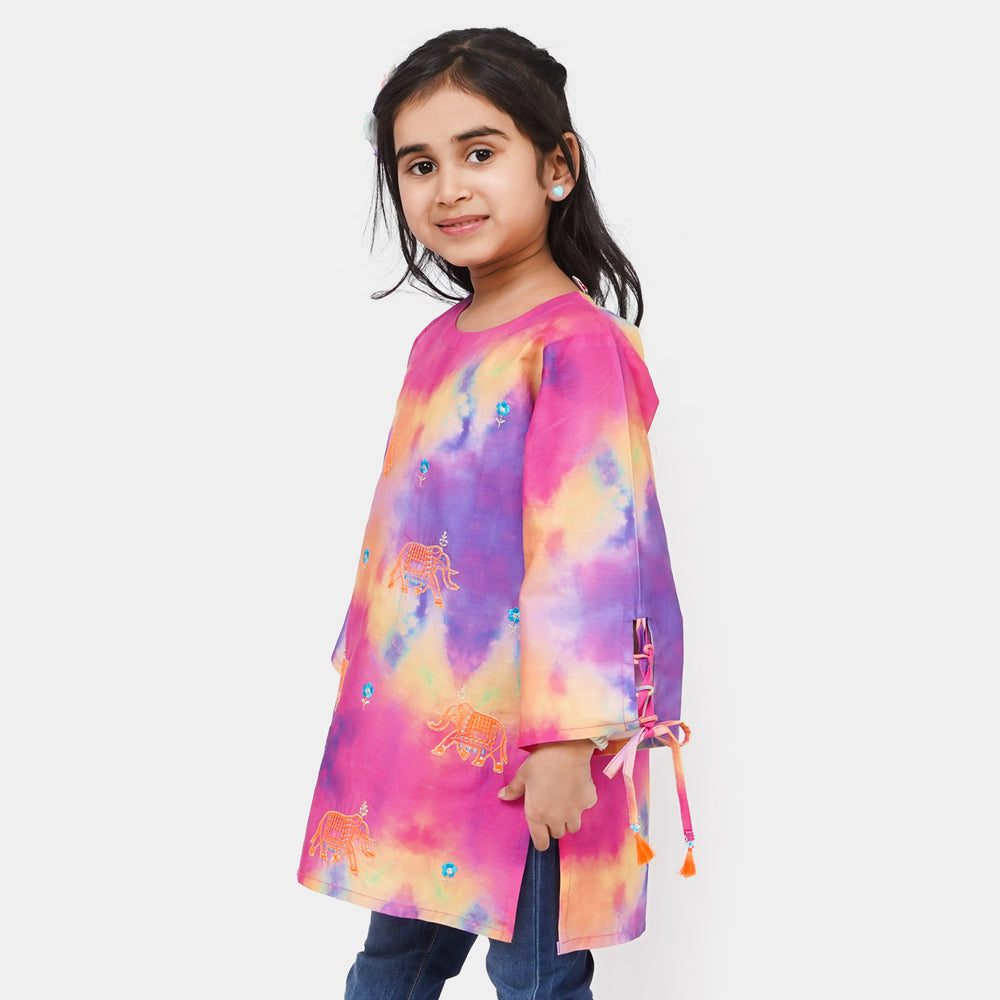 Girls Cotton Embroidered Kurti Elephant - Pink