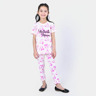 Girls Cotton 2PCs Suit Character - White/Pink