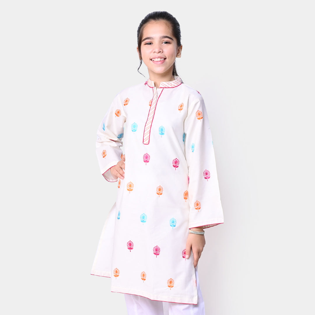 Girls Cotton Embroidered Kurti Bahaar - Off White