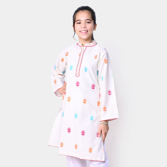 Girls Cotton Embroidered Kurti Bahaar - Off White