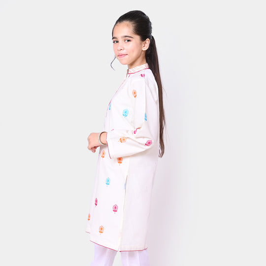 Girls Cotton Embroidered Kurti Bahaar - Off White