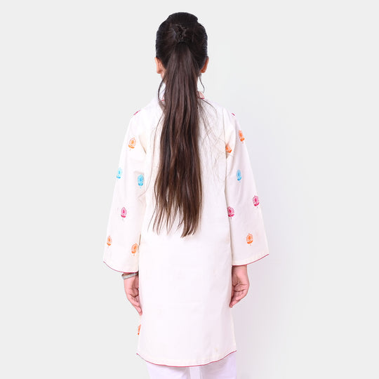 Girls Cotton Embroidered Kurti Bahaar - Off White