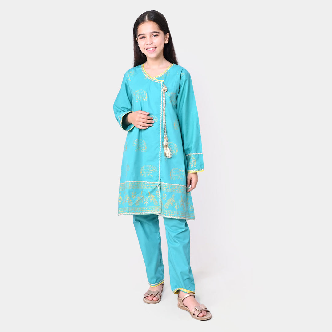 Girls Cotton Printed 2 Pcs Elephant - Teal Green
