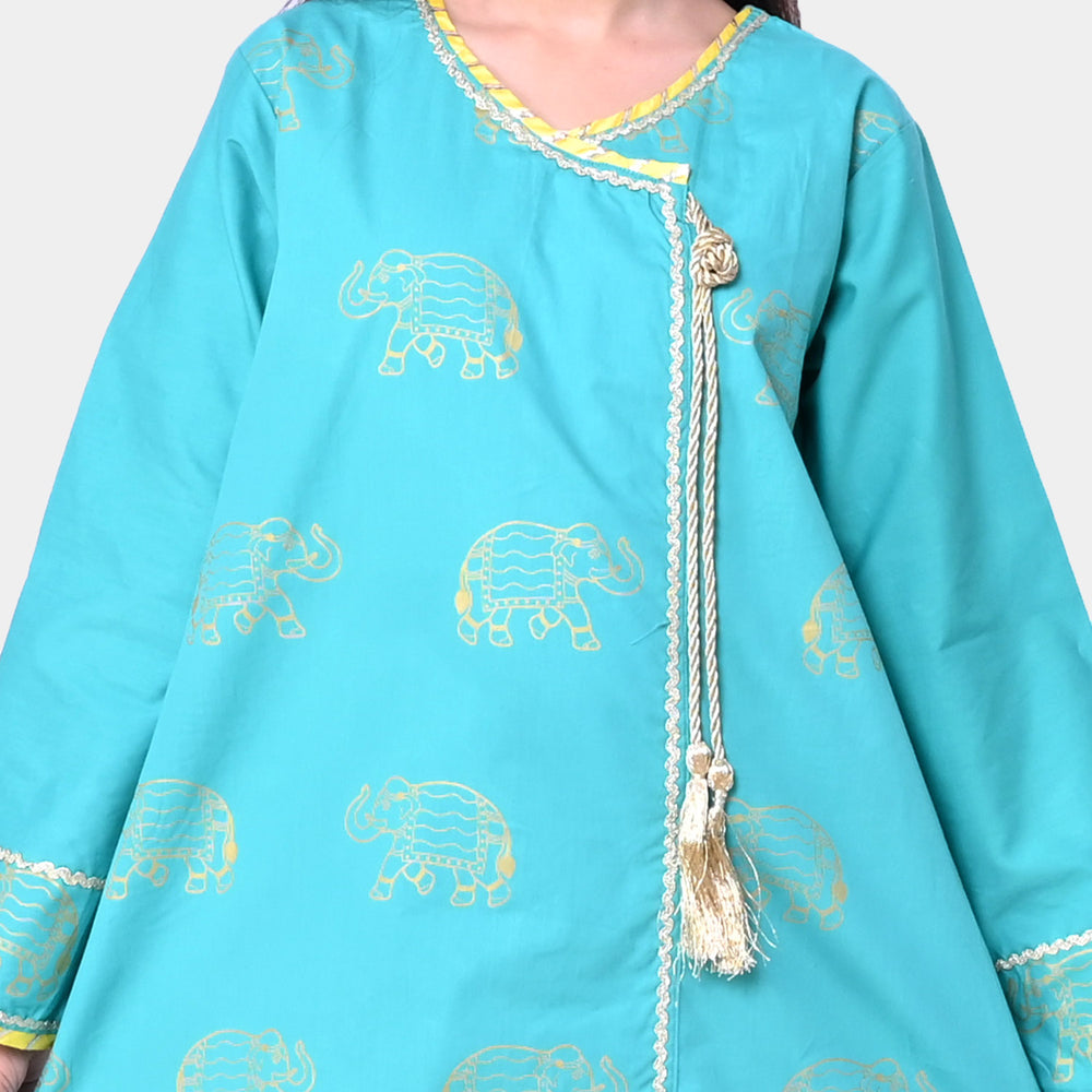 Girls Cotton Printed 2 Pcs Elephant - Teal Green