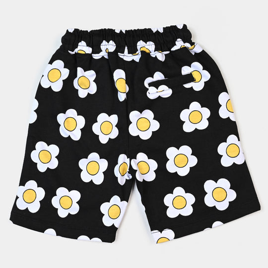 Girls Terry Short White Flower - Jet Black