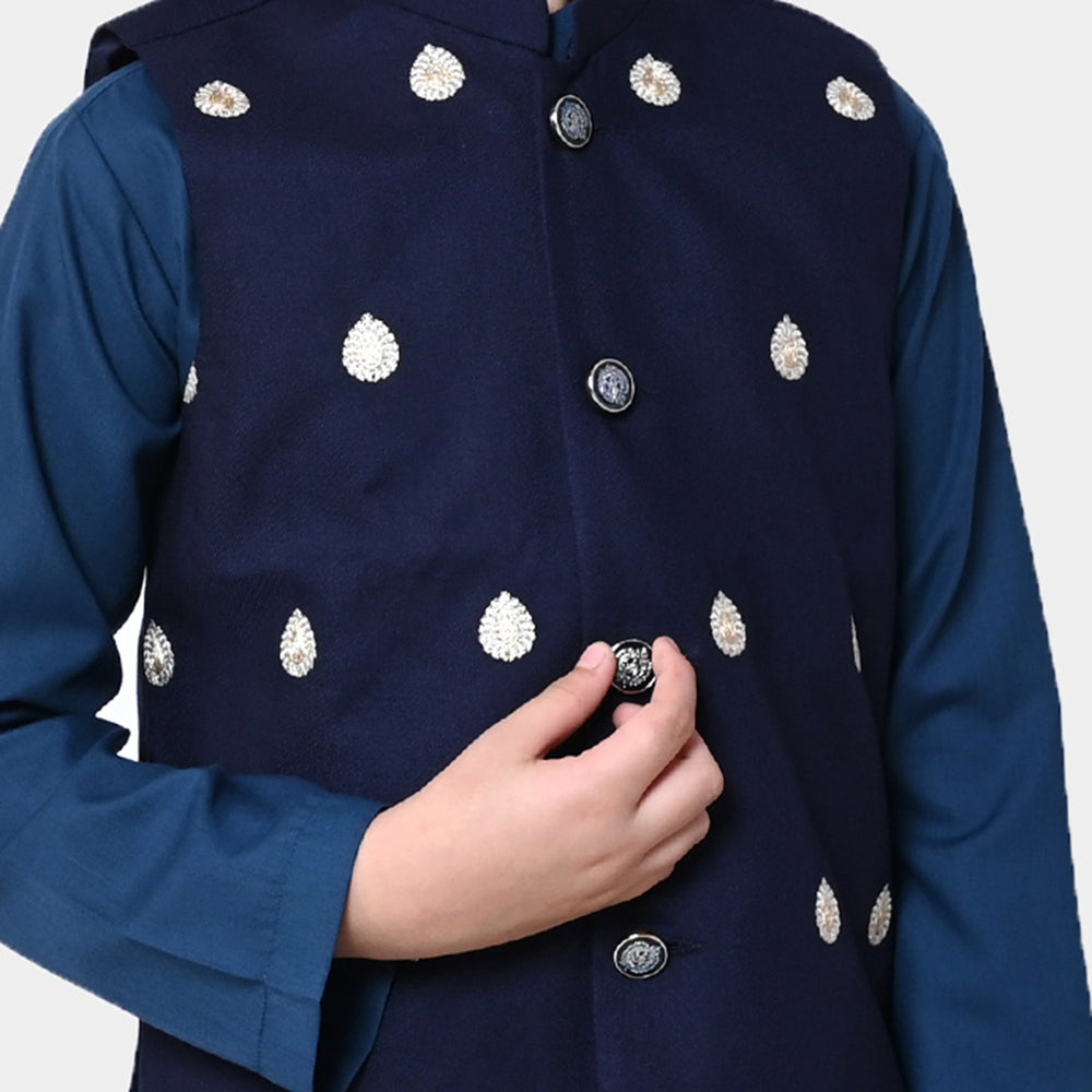 Boys Embroidered Viscose Waist Coat - Navy Blue