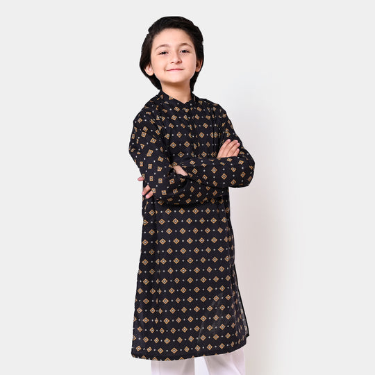 Boys Cotton Printed Kurta - BLACK