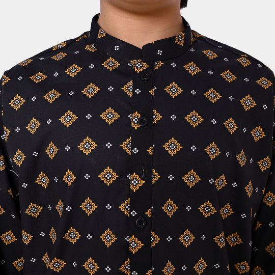 Boys Cotton Printed Kurta - BLACK