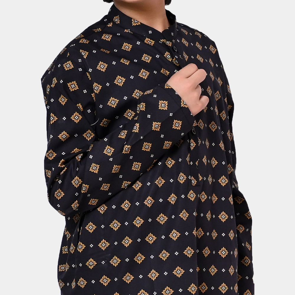 Boys Cotton Printed Kurta - BLACK