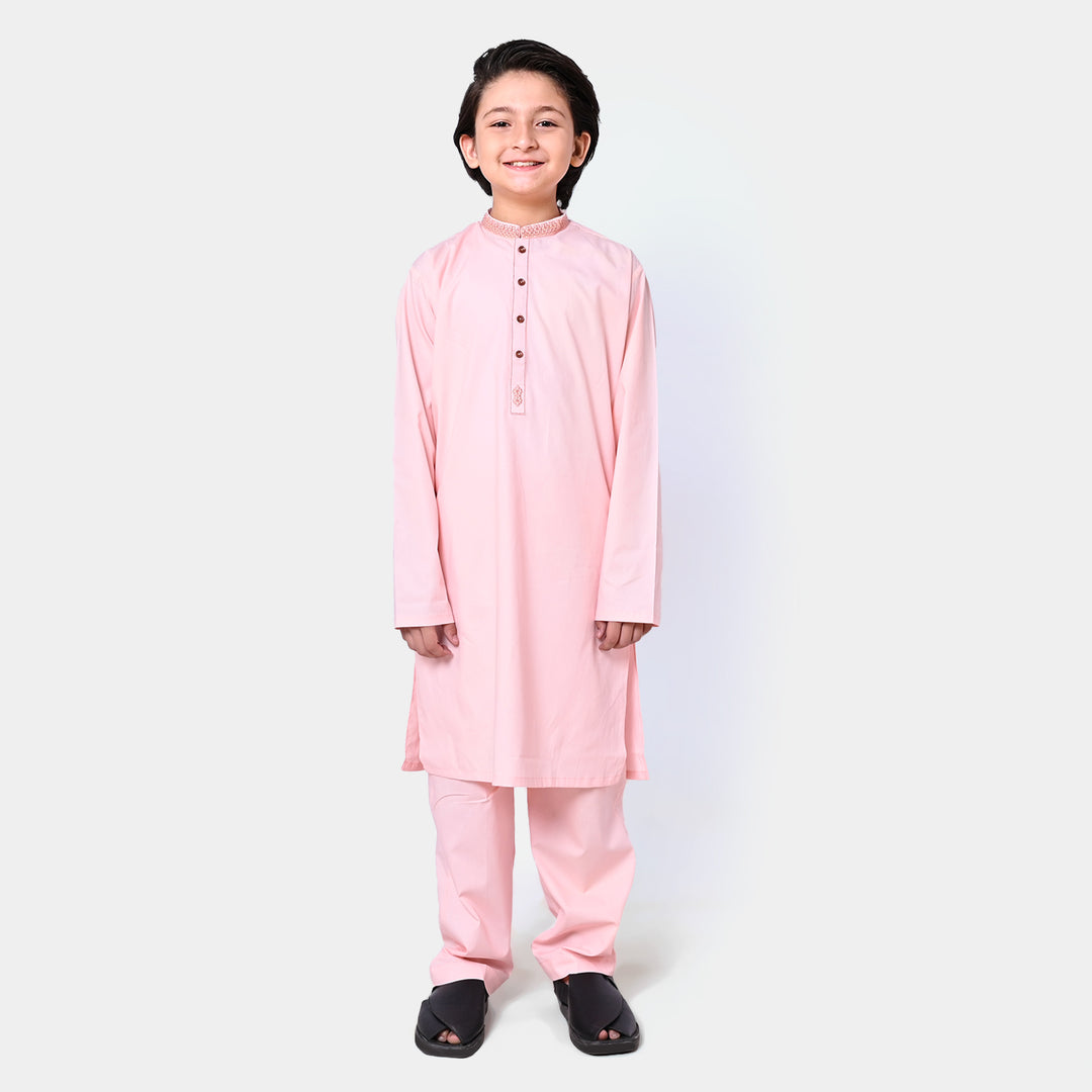 Boys Cotton Embroidered Kurta Pajama - L Peach