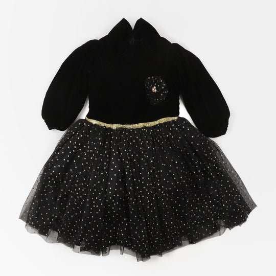 Girls Fancy Frock Velvet Flower - BLACK