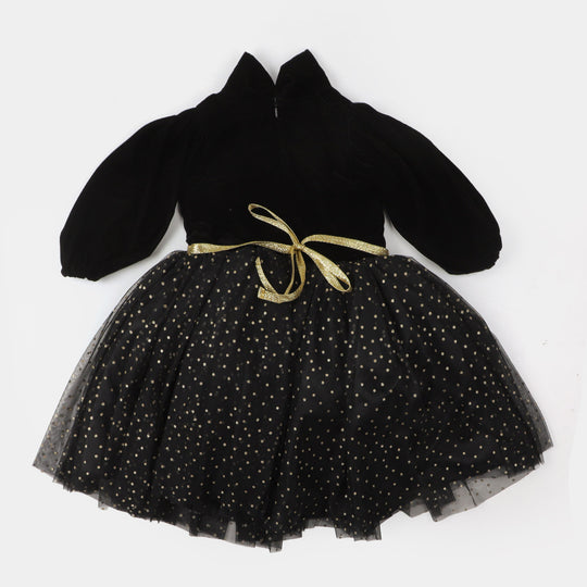 Girls Fancy Frock Velvet Flower - BLACK