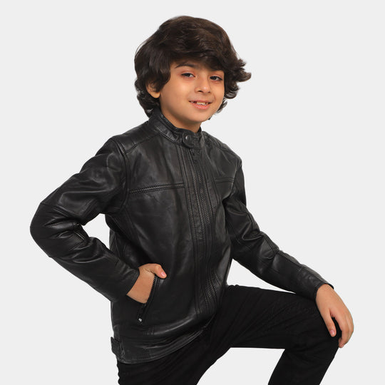 Boys Genuine  Sheep Leather Jacket Biker Sleeves-BLACK