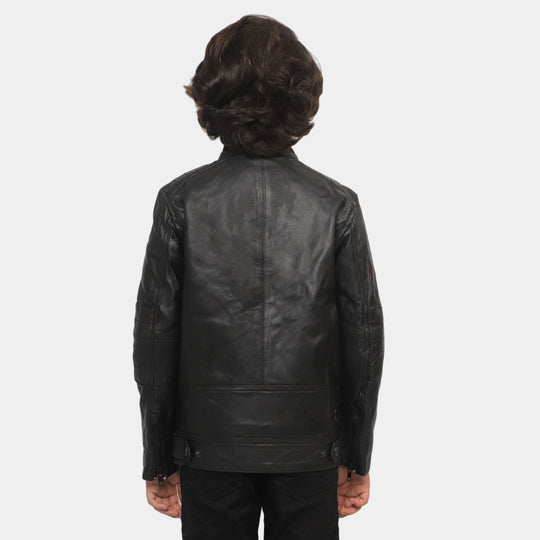 Boys Genuine  Sheep Leather Jacket Biker Sleeves-BLACK