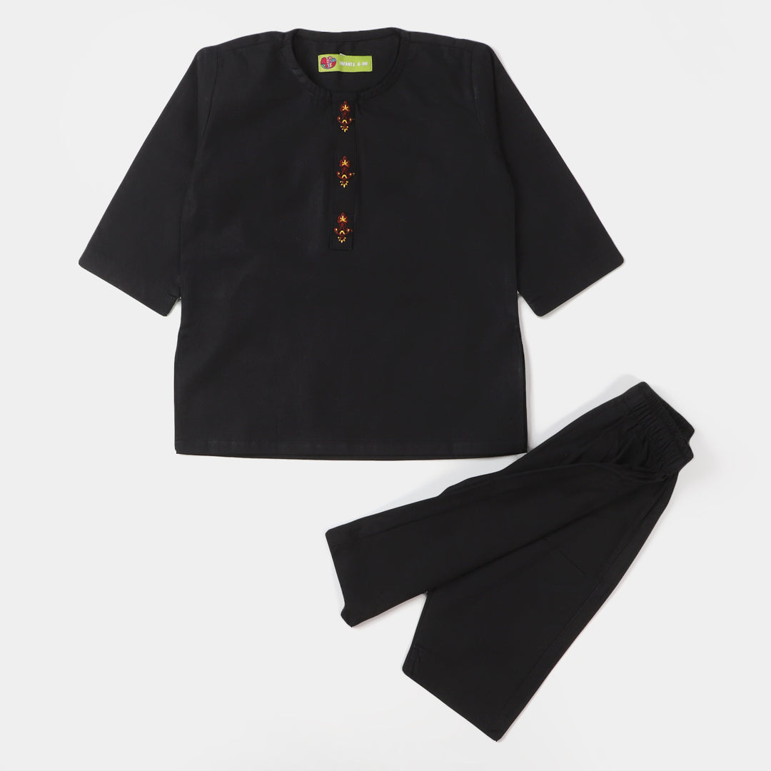 Infant Boys Embroidered Kurta Pajama Suit- BLACK