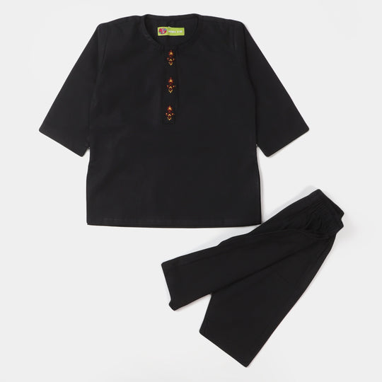 Infant Boys Embroidered Kurta Pajama Suit- BLACK
