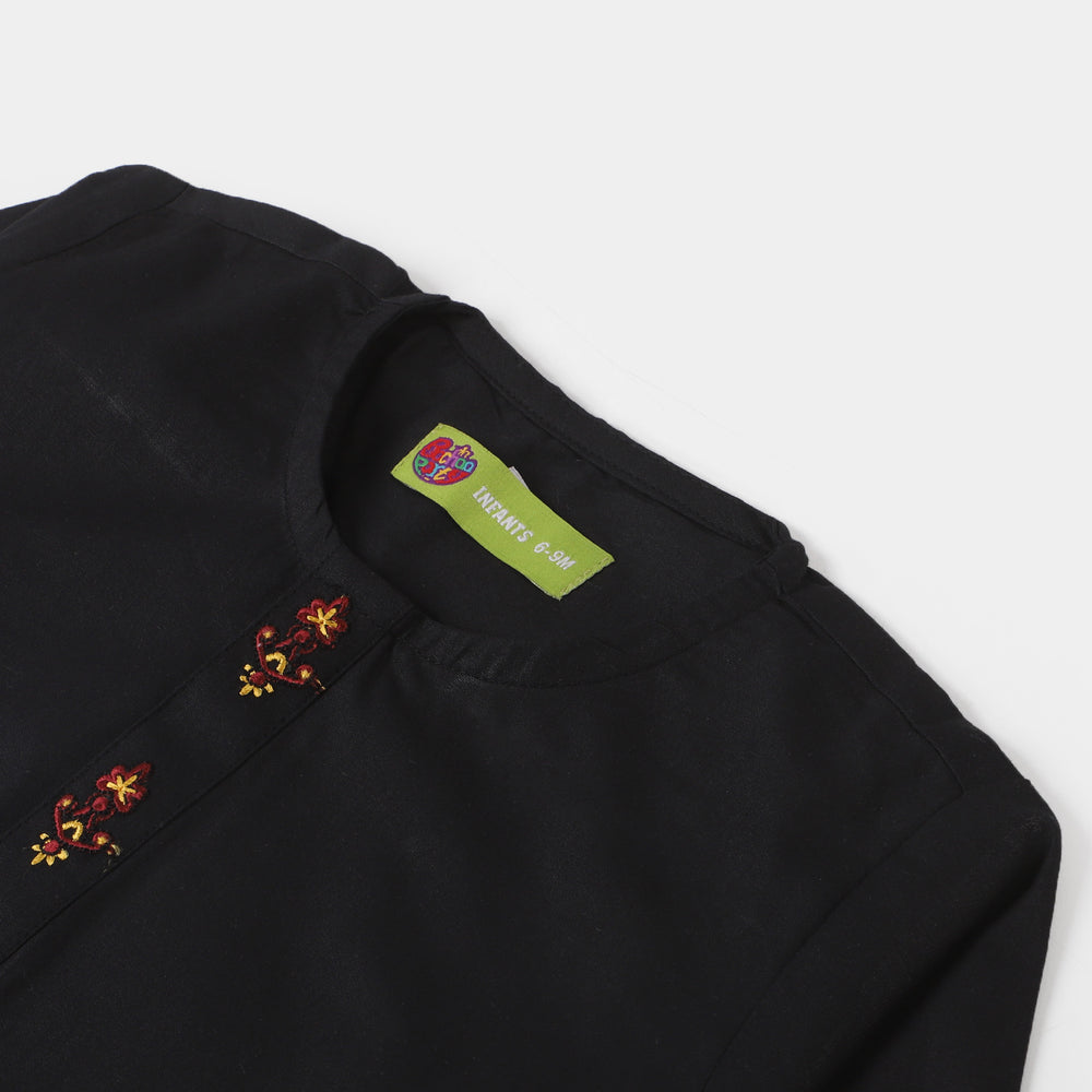 Infant Boys Embroidered Kurta Pajama Suit- BLACK