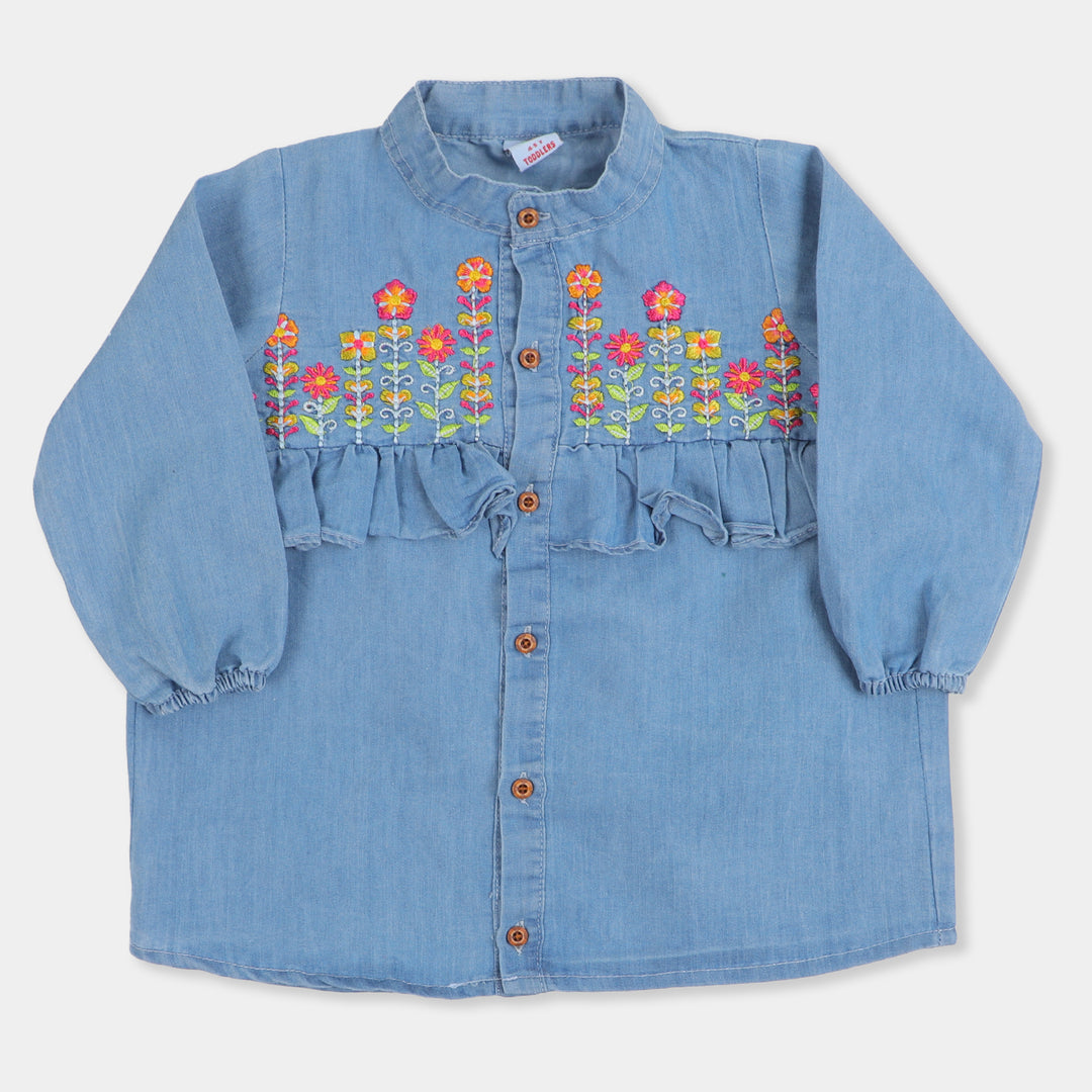 Girls Top Denim Embroidered Flowers - LIGHT BLUE