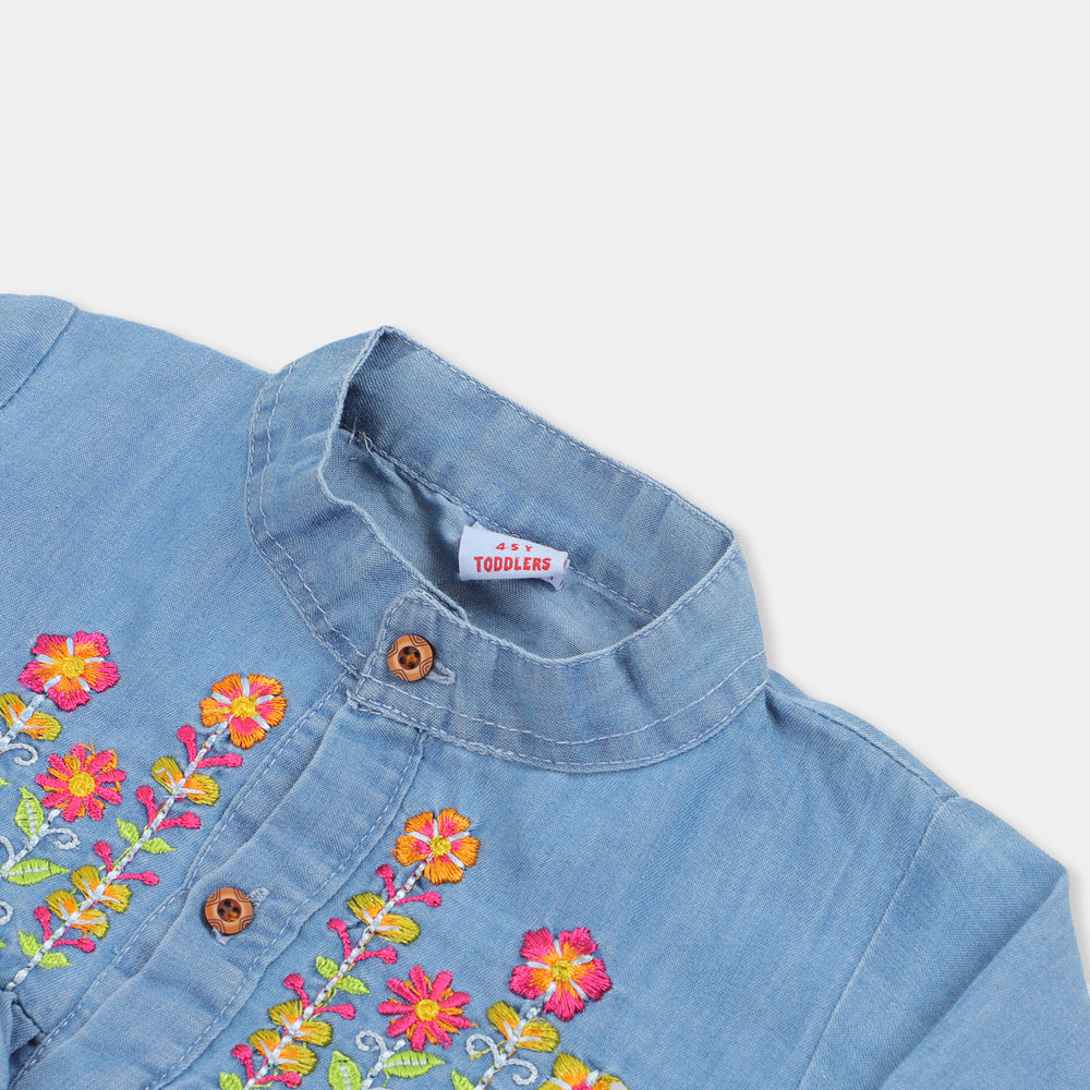 Girls Top Denim Embroidered Flowers - LIGHT BLUE