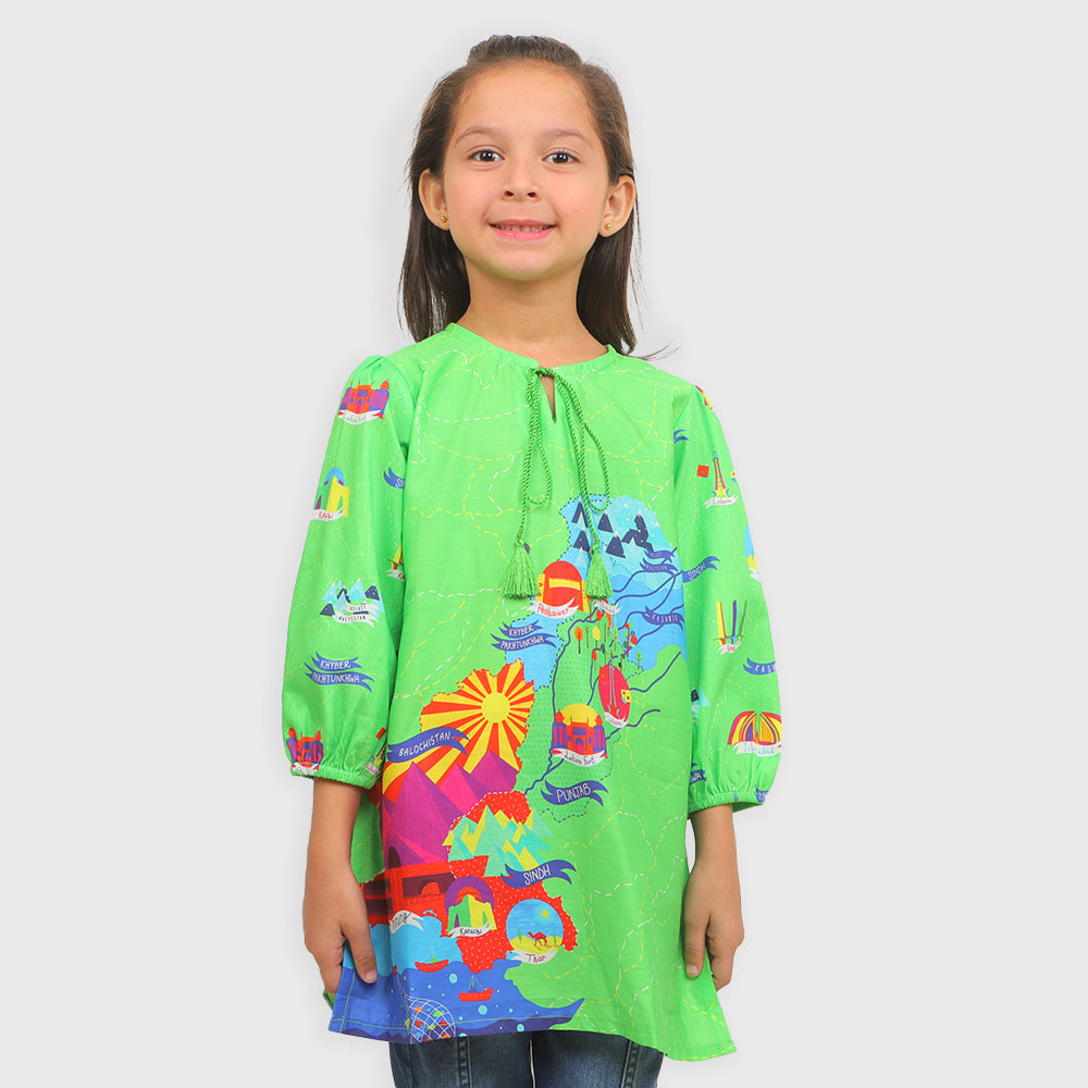 Girls Printed INDEPENDENCE Short Kurti Azadi - Green