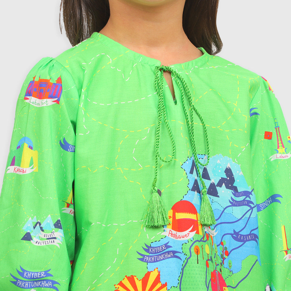 Girls Printed INDEPENDENCE Short Kurti Azadi - Green