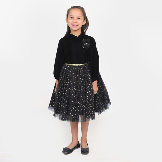 Girls Fancy Frock Velvet Flower - BLACK