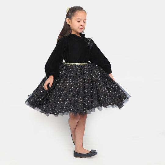 Girls Fancy Frock Velvet Flower - BLACK