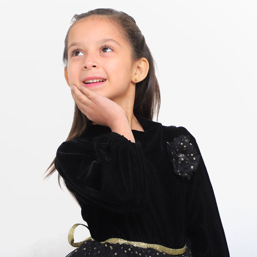 Girls Fancy Frock Velvet Flower - BLACK