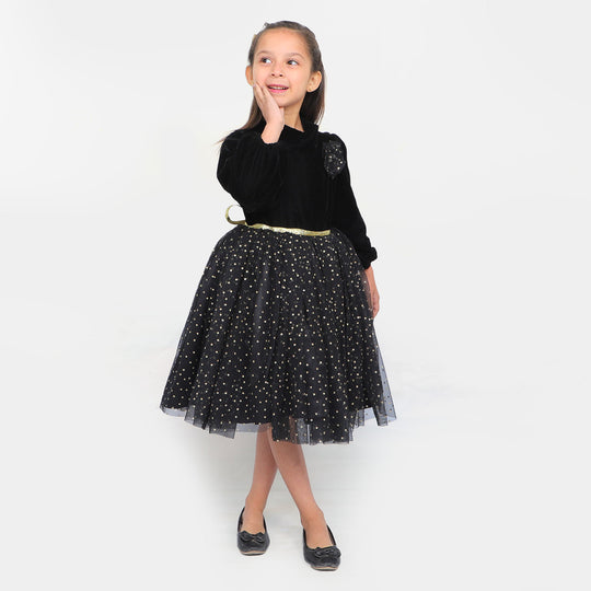 Girls Fancy Frock Velvet Flower - BLACK