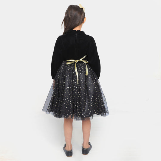 Girls Fancy Frock Velvet Flower - BLACK