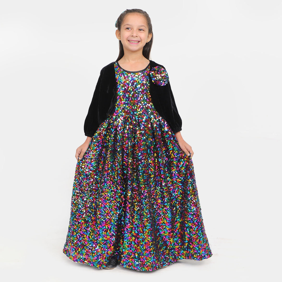 Fashion Girls Sequins Maxi With Velvet Shrug - Black Multi