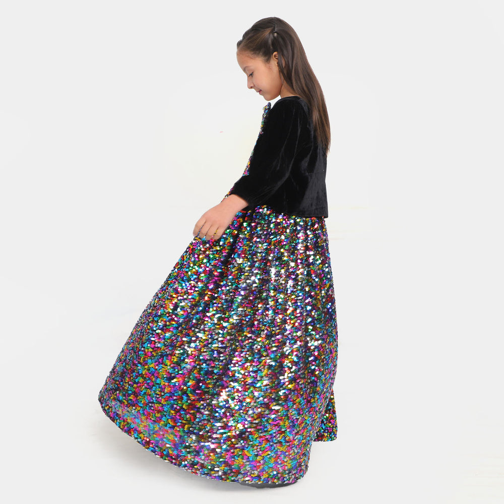 Fashion Girls Sequins Maxi With Velvet Shrug - Black Multi
