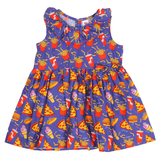 Girls Cotton Frock Burger N Fries Printed- Blue
