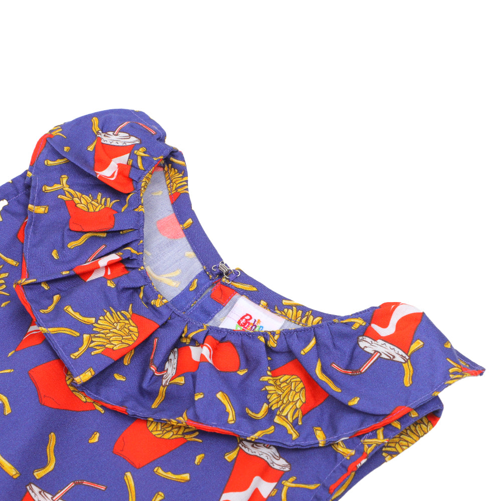 Girls Cotton Frock Burger N Fries Printed- Blue