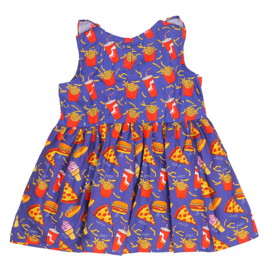 Girls Cotton Frock Burger N Fries Printed- Blue
