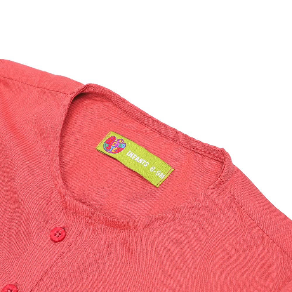 Infants Boys Embroidered Kurta Pajama Train Engine - Crimson