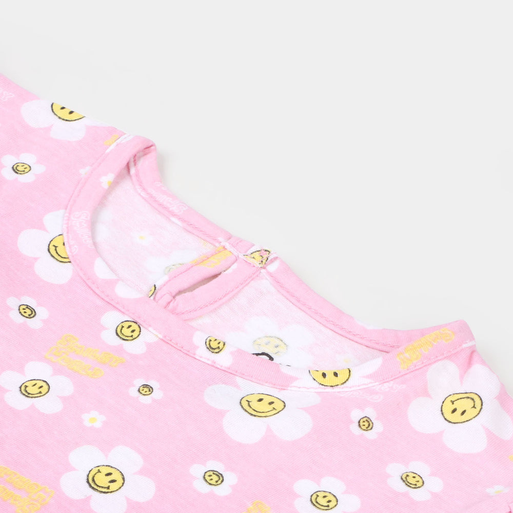 Infant Girls Knitted Frock Smiley Flowers - Light pink