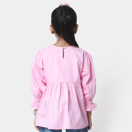 Girls Cotton Embroidered Top Running Waves - Pink