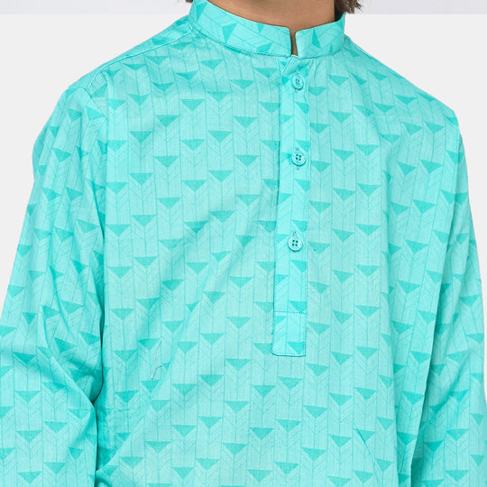 Boys Cotton Digital Print Kurta - Aqua Green
