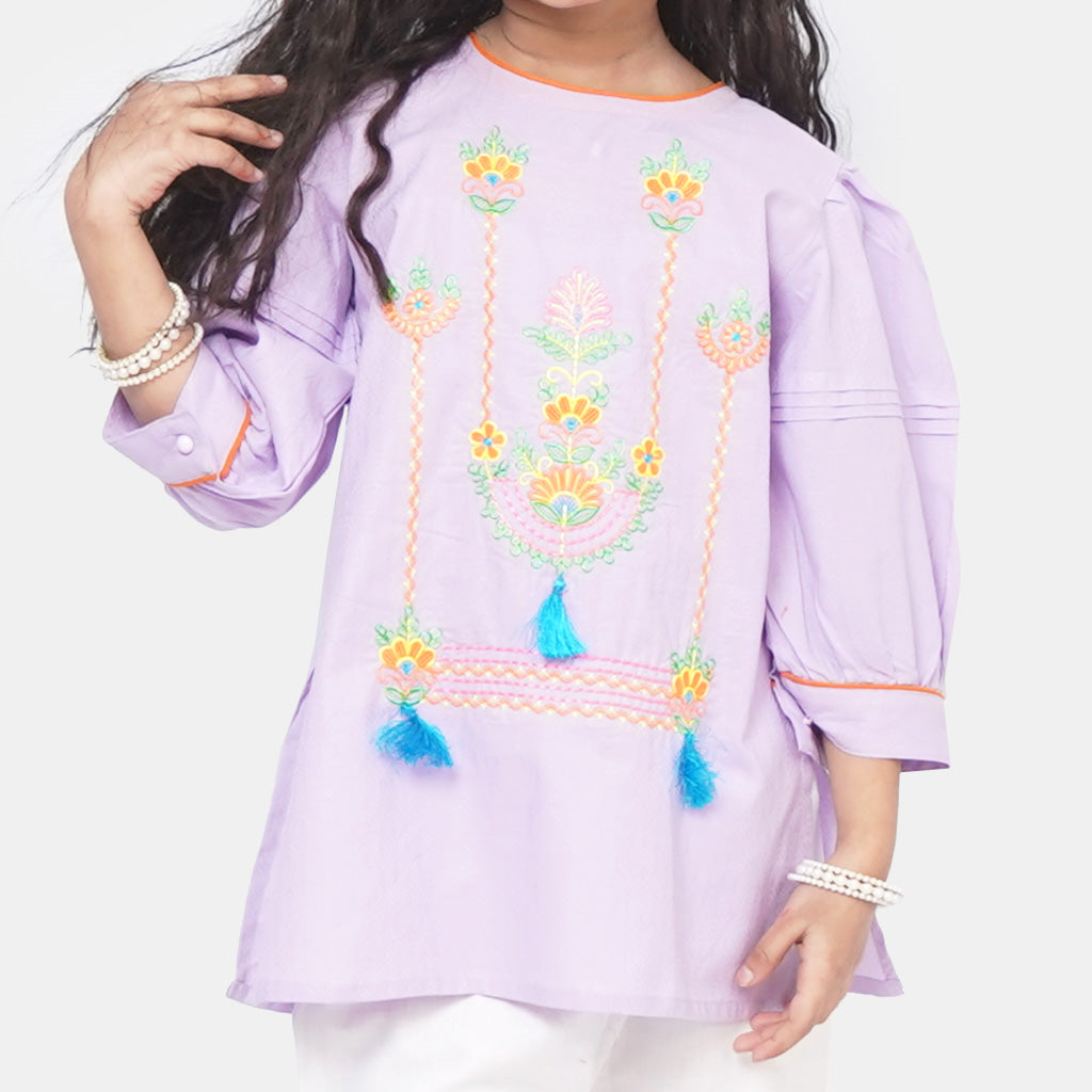 Girls Cotton Jacquard Embroidered Kurti - Purple